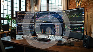 Analyzing capital markets in real-time for investment decisions on a multi-screen desk. Capital allocation