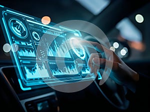 Analyzing data through an interactive digital interface with futuristic design elements