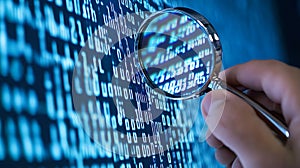 Data analysis with magnifying glass on code, cybersecurity and digital forensics concept for big data