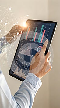 Analyzing Data on Tablet with Network Visualization, Person Using Touchscreen Device for Business Analytics