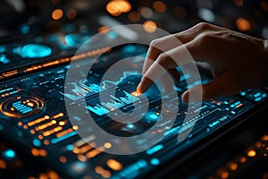 Analyzing data with touchscreen display showing charts and graphs for business intelligence