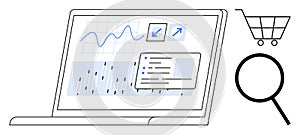 Analyzing E-Commerce Trends with Charts, Graphs, and Search Tools on Laptop Interface