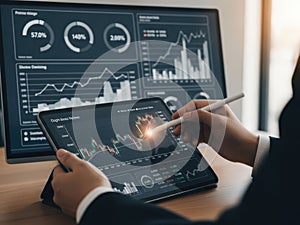Analyzing financial data on tablet and computer screen with graphs and charts