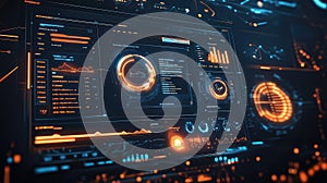 Analyzing futuristic dashboard displaying data statistics and analytics