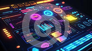Analyzing futuristic data dashboard displaying glowing charts