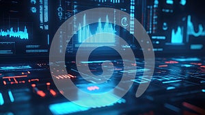 Analyzing futuristic data dashboard with glowing digital interface