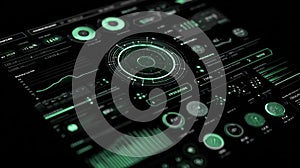 Analyzing futuristic user interface showing digital data dashboard