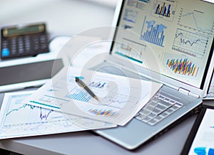 Analyzing investment charts with laptop.