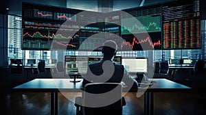 Analyzing real-time stock chart data on a computer multiple monitors in a work station