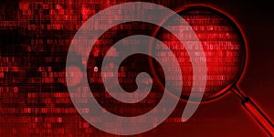 Analyzing red binary code with magnifying glass for cybersecurity threat