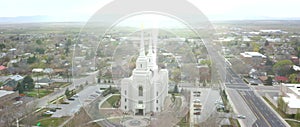 Anamorphic Aerial Drone Flying Around Mormon Brigham City Temple