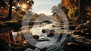 Anamorphic Lens Flare Captivating Flowing River With Rocks