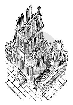 Anamorphosis vantage point to reconstitute the image vintage engraving