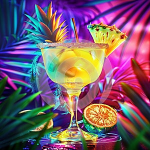 Ananas Margarita Cocktail on Neon Background, Pineapple Tropical Mocktail, Beach Party Coctail