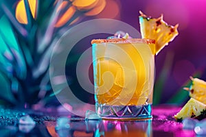 Ananas Margarita Cocktail on Neon Background, Pineapple Tropical Mocktail, Beach Party Coctail