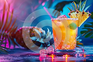 Ananas Margarita Cocktail on Neon Background, Pineapple Tropical Mocktail, Beach Party Coctail