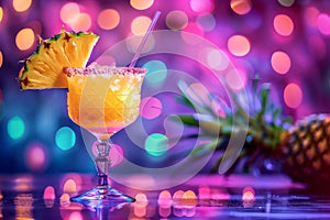 Ananas Margarita Cocktail on Neon Background, Pineapple Tropical Mocktail, Beach Party Coctail