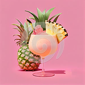 Ananas Margarita Cocktail on Pink Background, Pineapple Mocktail, Party Coctail, Abstract Generative AI Illustration