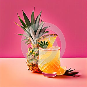 Ananas Margarita Cocktail on Pink Background, Pineapple Mocktail, Party Coctail, Abstract Generative AI Illustration