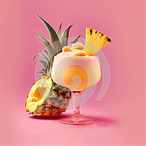 Ananas Margarita Cocktail on Pink Background, Pineapple Mocktail, Party Coctail, Abstract Generative AI Illustration