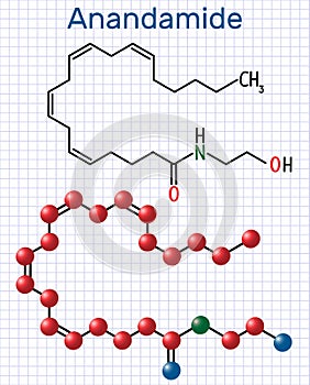 Anandamide molecule. It is endogenous cannabinoid neurotransmitter. Structural chemical formula and molecule model. Sheet photo