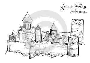 Ananuri fortress in Georgia. Black and white drawing