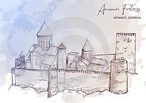 Ananuri fortress in Georgia. Grunge background