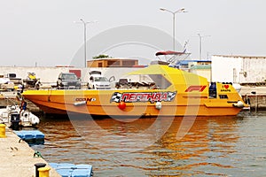 Anapa, Russia, 30.07.2019 A small ship moored to the pier of the seaport