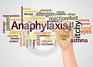 Anaphylaxis word cloud and hand with marker concept