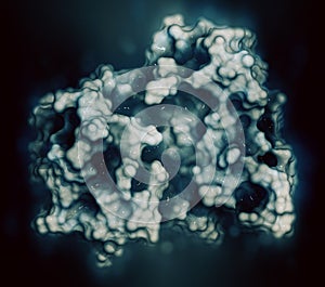 Anaplastic lymphoma kinase (ALK, tyrosine kinase domain) protein. Shown in complex with the inhibitor crizotinib. 3D rendering photo