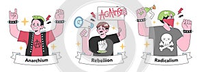 Anarchism and rebellion themed illustrations. Flat vector illustration