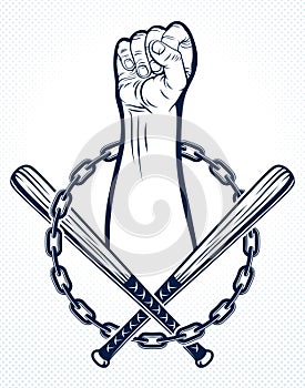 Anarchy and Chaos aggressive emblem or logo with strong clenched fist, vector vintage style tattoo, rebel rioter partisan and