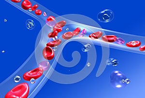 Anatomical 3d illustration of red blood cells in blood circulation.