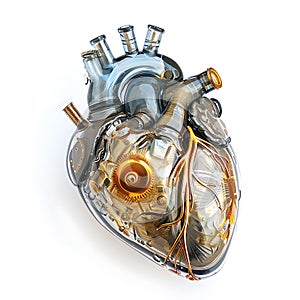 Anatomical heart, heart-shaped glass clock movement on white background, heart-shaped, isolated. steampunk