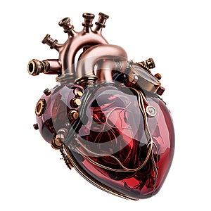 Anatomical heart, heart-shaped glass clock movement on white background, heart-shaped, isolated. steampunk