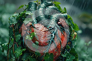 Anatomical heart model nestled among wet green leaves, Generated AI