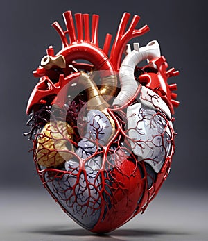 Anatomical human heart with veins, ventricles and arteries photo