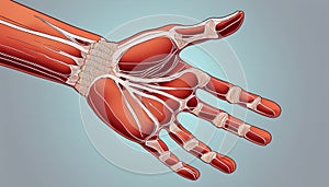 An anatomical illustration of a human hand with visible muscles and tendons