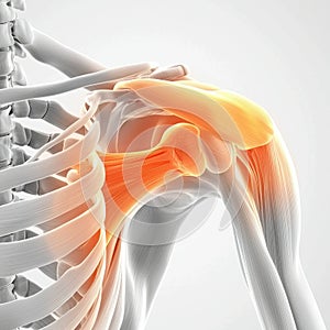 Anatomical illustration of a human shoulder with highlighted bone structure and details of the shoulder joint