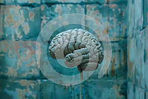 Anatomical model of human brain displayed on blue background