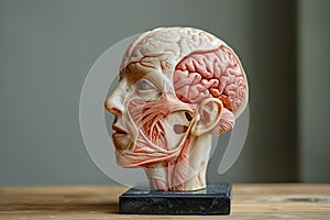 Anatomical Model of Human Head with Detailed Brain and Facial Muscles Display on Neutral Background