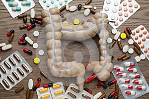 Anatomical model of large intestine and many different pills on wooden background, flat lay