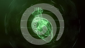 Anatomically correct green digital human heart. Futuristic particle cardiac scan photo