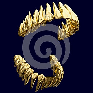 Anatomy correct open dental arch made of polished gold or polished gilt metal. 3D illustration of the human dental arches