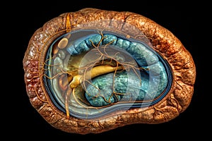 Anatomy drawing showing the pancreas, duodenum, and gallbladder created by generative AI