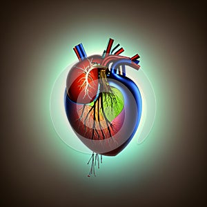 Anatomy of Hucyborg Heart on medical background. 3d render. Generative Ai.