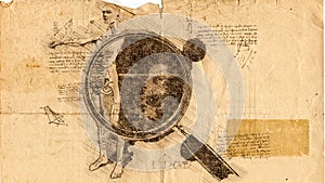 Anatomy of man under magnifying glass in Leonardo Da Vinci style