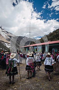 Ancash, Peru, July 29, 2014: people in typical costumes at traditional festival of peasant communities