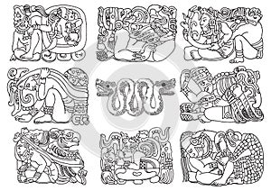 Ancent Mexican tattoo flash set. Set of Aztec labels and elements. Vector set illustration template tattoo.