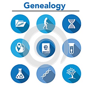 Ancestry or Genealogy Icon Set with Family Tree Album, DNA, beak